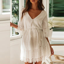 Load image into Gallery viewer, Maternity V-neck Dress with Embroidered Stitching Lace and Flared Sleeves