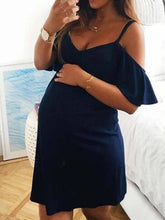 Load image into Gallery viewer, Maternity Solid V-Neck Strap Ruffle Dress
