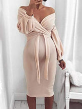 Load image into Gallery viewer, Maternity Long-sleeved Off-shoulder Knitted Lace-Up Dresses