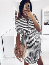Load image into Gallery viewer, Maternity Fashion Striped Fold Over Collar Single-Breasted Dress