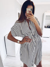 Load image into Gallery viewer, Maternity Fashion Striped Fold Over Collar Single-Breasted Dress