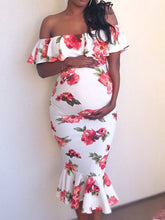Load image into Gallery viewer, Off-the-shoulder Ruffled Floral Maternity Dress