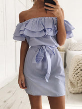 Load image into Gallery viewer, Off-the-shoulder Striped Ruffled Maternity Dress