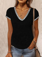 Load image into Gallery viewer, Ladies V-neck Contrast Color Slim Short-sleeved T-shirts