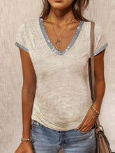 Load image into Gallery viewer, Ladies V-neck Contrast Color Slim Short-sleeved T-shirts