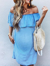 Load image into Gallery viewer, Maternity Ruffled Off-shoulder Denim Dress
