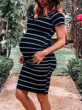 Load image into Gallery viewer, Round Neck Striped Short Sleeves Maternity Dress