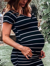 Load image into Gallery viewer, Round Neck Striped Short Sleeves Maternity Dress