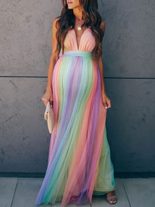 Maternity Sexy Rainbow Striped Maxi Dress