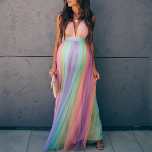 Maternity Sexy Rainbow Striped Maxi Dress