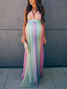 Maternity Sexy Rainbow Striped Maxi Dress