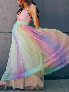 Maternity Sexy Rainbow Striped Maxi Dress