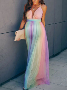 Maternity Sexy Rainbow Striped Maxi Dress