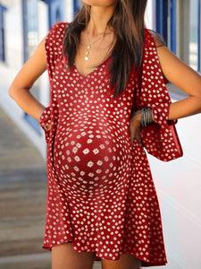 V-neck Floral Print Open Shoulder Long-sleeved Maternity Dress