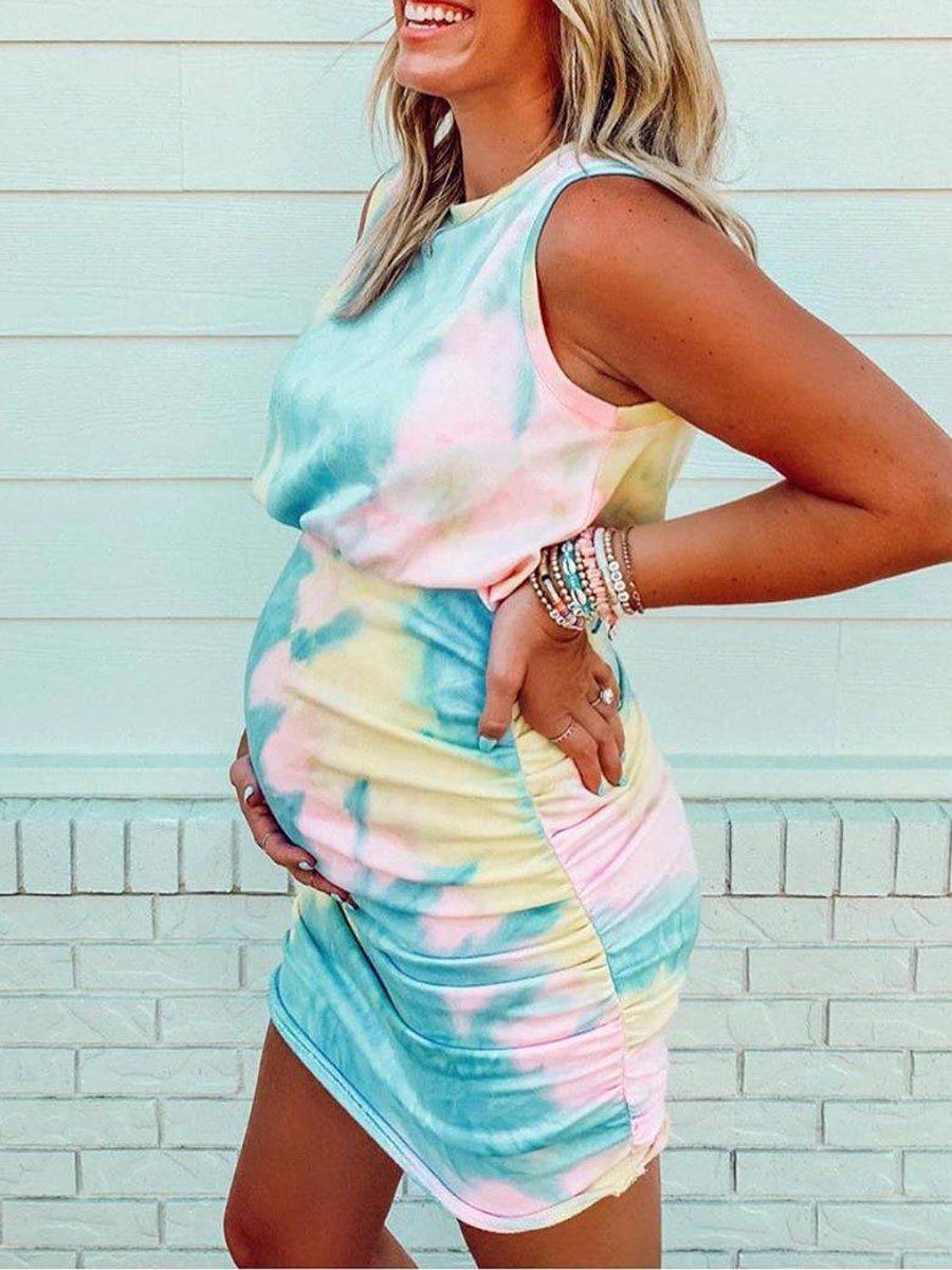 Tie-dye Round Neck Sleeveless Maternity Dress