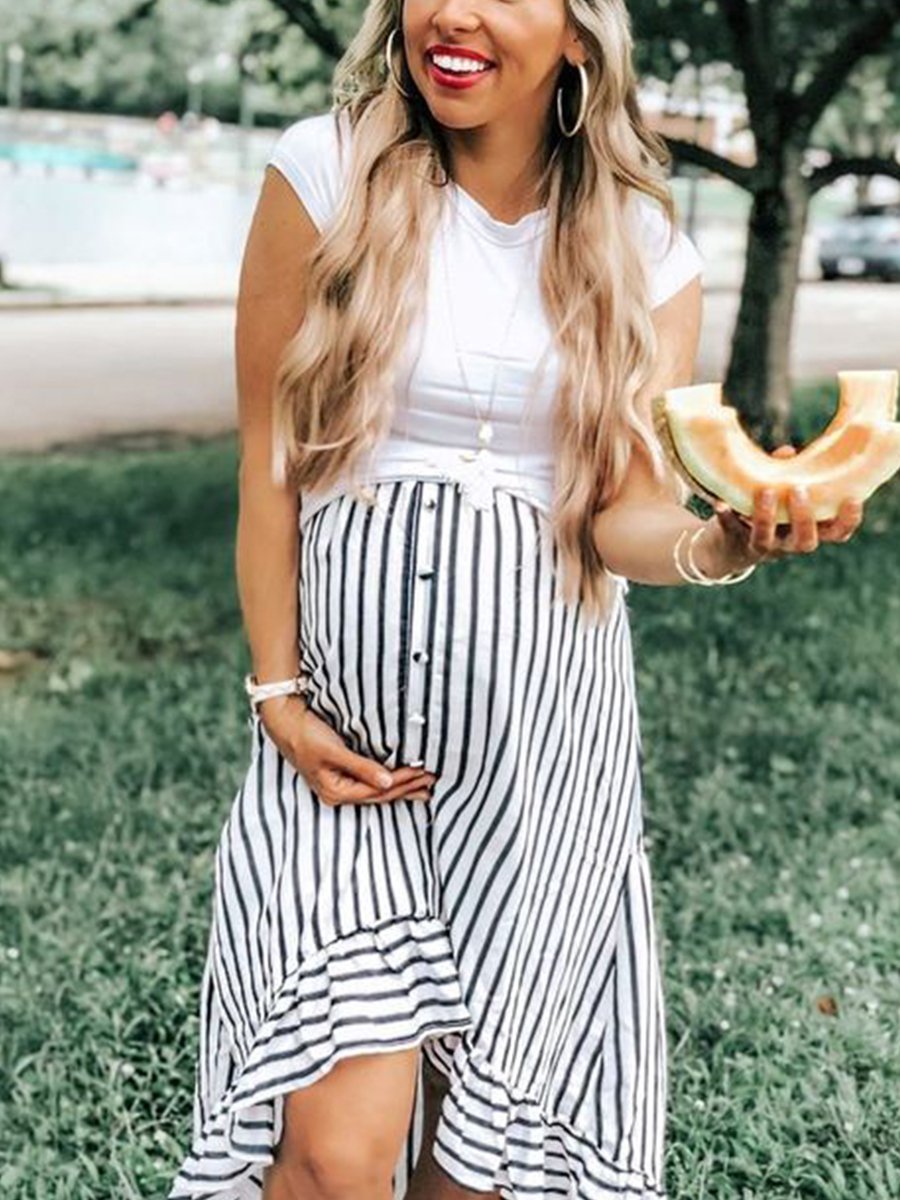 Striped Loose Short Sleeve Suit Maternity Dress