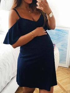 Maternity Solid V-Neck Strap Ruffle Dress