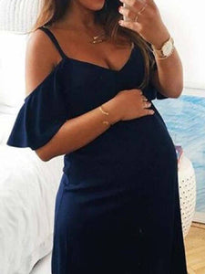 Maternity Solid V-Neck Strap Ruffle Dress