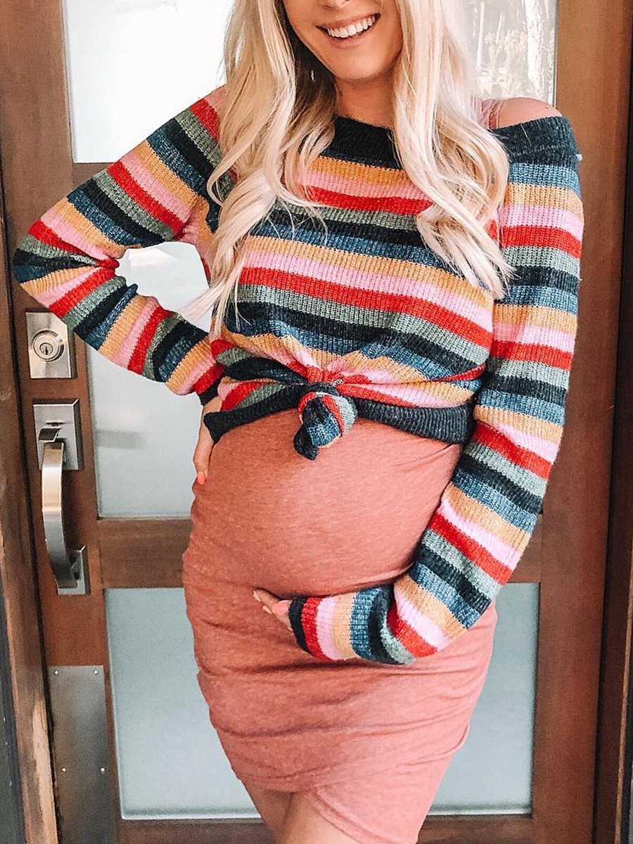 Maternity Slim Round Neck Stripe Long Sleeve Dress Two Piece Set  