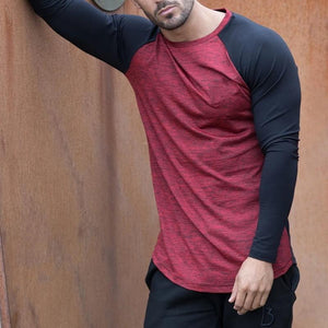 Round Neck Long Sleeve Stitching Solid Color T-Shirt