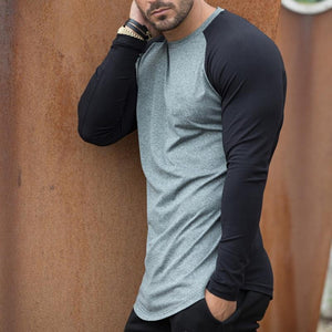 Round Neck Long Sleeve Stitching Solid Color T-Shirt