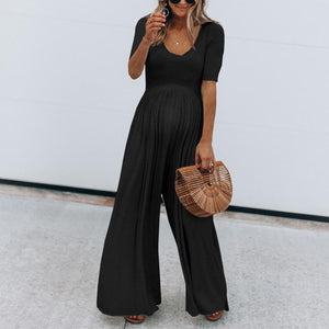 Maternity Solid Color Short Sleeve Wide Leg Jumpsuit