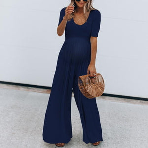 Maternity Solid Color Short Sleeve Wide Leg Jumpsuit