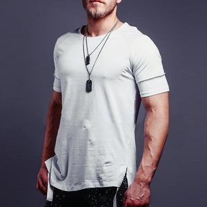 Men's Solid Color Stitching Ribbon T-Shirt