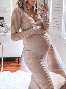 V-neck Knitted Maternity Dress