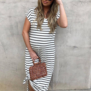 V-neck Stripe Loose Maternity Dress