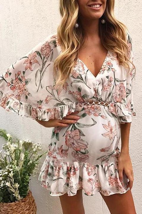 Maternity Sexy V Neck Printed Ruffled Dress