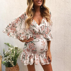 Maternity Sexy V Neck Printed Ruffled Dress