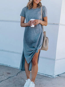 Maternity Casual Pure Color Short Sleeve Side Slit Dress