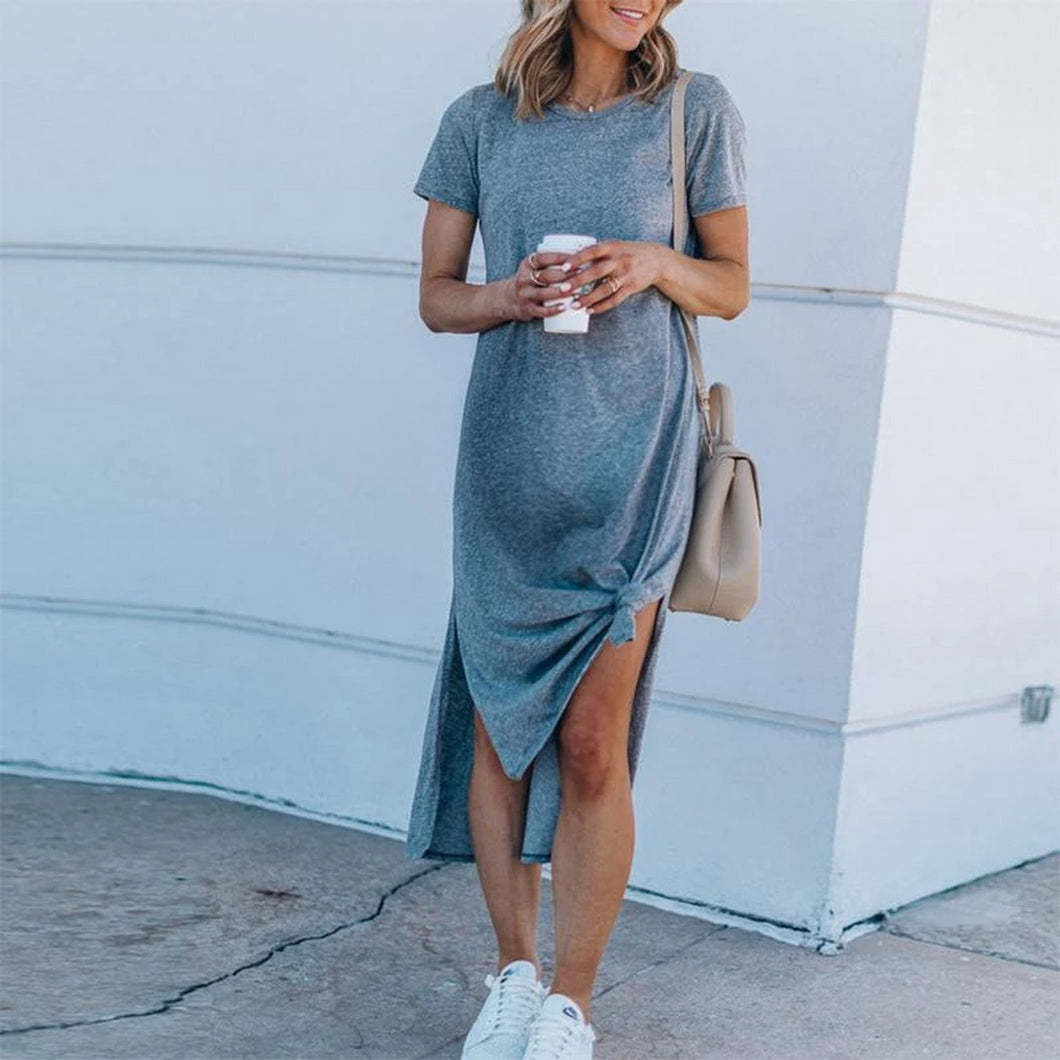 Maternity Casual Pure Color Short Sleeve Side Slit Dress