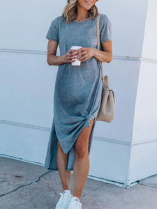 Maternity Casual Pure Color Short Sleeve Side Slit Dress