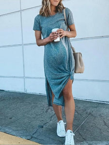 Maternity Casual Pure Color Short Sleeve Side Slit Dress