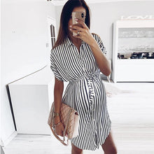 Load image into Gallery viewer, Maternity Fashion Striped Fold Over Collar Single-Breasted Dress
