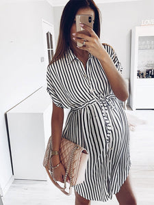 Maternity Fashion Striped Fold Over Collar Single-Breasted Dress