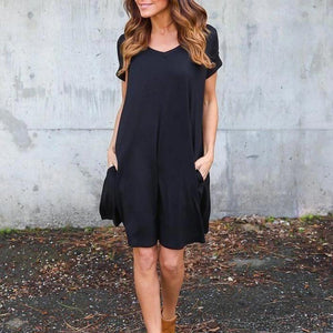 Fashion V-Neck Side Pocket Short Dress