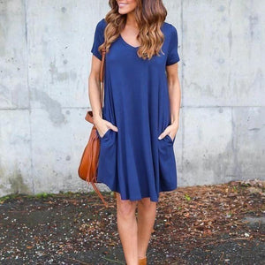 Fashion V-Neck Side Pocket Short Dress