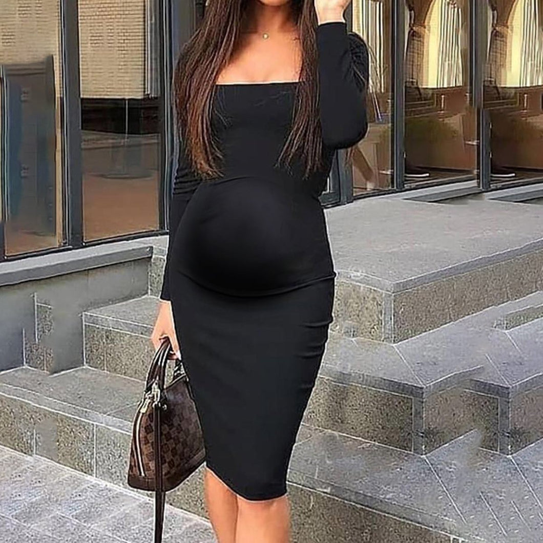 Maternity Pure Color Long Sleeve Dress