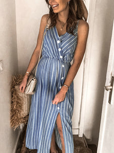 Single-Breasted Striped Maternity Dress With Sling Bow Belt