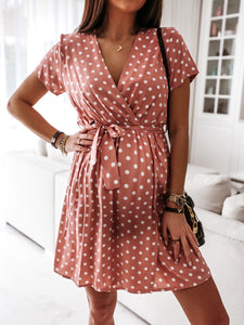 Short-Sleeved Polka-Dot Lace-Up Maternity Dress