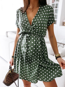 Short-Sleeved Polka-Dot Lace-Up Maternity Dress