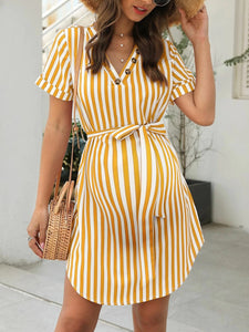 V-Neck Striped Short-Sleeved Slim Maternity Dress