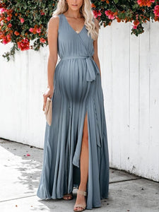 Pure Color V-Neck Mid-Waist Maternity Dress