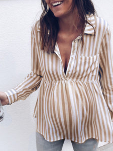 Striped Casual Long-Sleeved Shirt Maternity Top