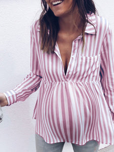 Striped Casual Long-Sleeved Shirt Maternity Top