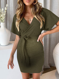 V-Neck Casual Bag Hip Maternity Dress