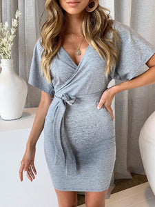 V-Neck Casual Bag Hip Maternity Dress